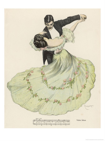 An illustration of a woman in a flowing green dress dancing the waltz with a man in a tuxedo